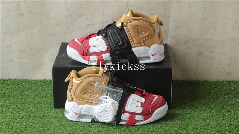 2018 New Supreme x Nike Air More Uptempo Tri-Color Black Red Gold